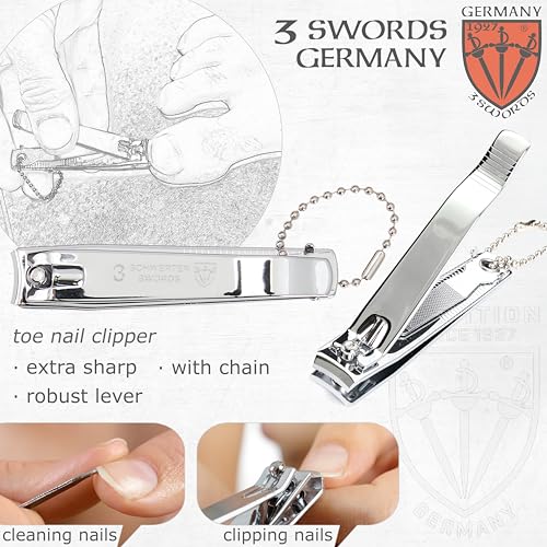 3 Swords Germany – Brand Quality fingernail & toenail Clipper, Manicure, Pedicure Nail Care by with Metal Nail File and case, Silver Color Edition - color: Silver