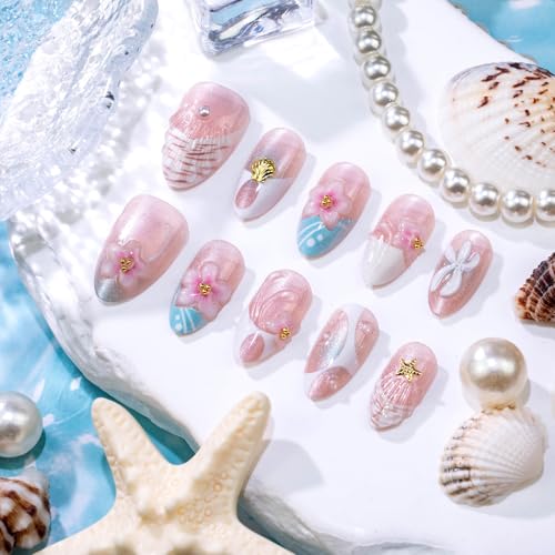 Summer French Press On Nails Medium Almond Fake Nails 3D Flower False Nails With Starfish Shell FloralDesign Reusable Glossy Stick On Nails Full Cover Glue On Nails For Women Manicure 24Pcs - color: Design-23