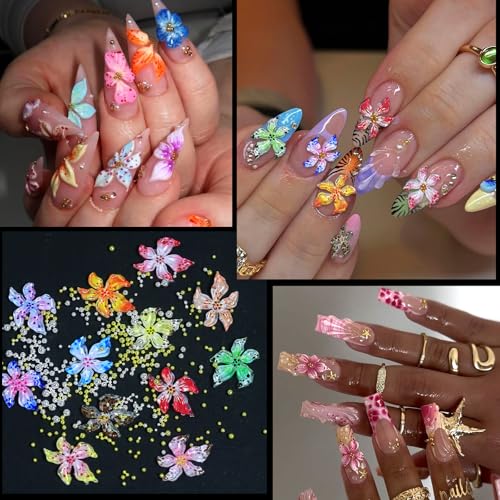 Nail Art Charms - 3D Flower Charms & Manicure Beads, Color Bow, Half Round Pearls, Flatback Rhinestones, Butterfly Nail Art Charms, with Kit, for Nail Art Supplies DIY Accessories