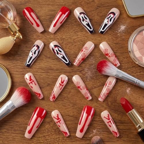 Halloween Press on Nails Ghost Long Coffin Fake Nails 24Pcs - color: halloween-design02