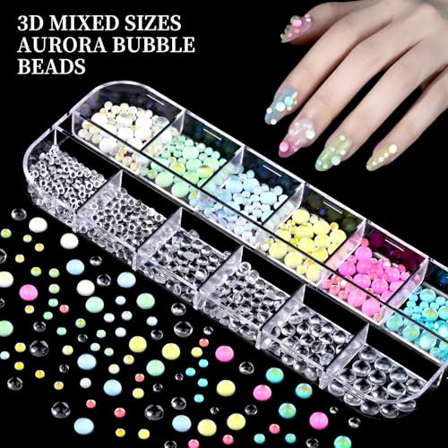FANDAMEI Nail Charms, 8-Box Nail Charms and Gems, Fruit Bow Hawaii Flowers Petals 3D Nail Art Charms Bulk, Charms Y2K for Nails, Colorful Bubble Beads Nail Rhinestones, Gold Studs Nail Pearls for DIY - color: Pink flower petal/clear bubble bead/orange 3D