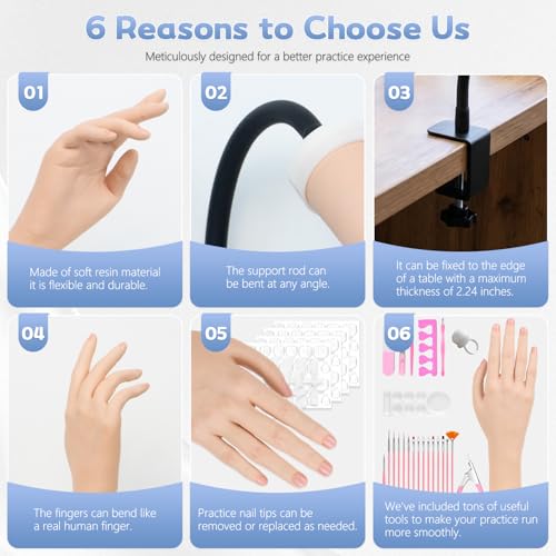 Nail Practice Hand for Acrylic Nails with Adjustable Stand, Flexible Bendable Mannequin Hand for Nail Art Training, Reusable Fake Hand for Gel Nails, Acrylic Application & Beginner Nail Practice Set