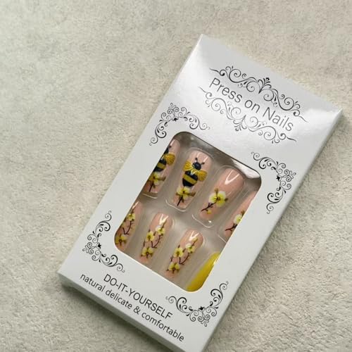 Summer Press on Nail Long Coffin Fake Nails with Floral designs Stick on Nail 3D Bee False Nails Glossy Full Cover Yellow Cute Glue on Nails Reusable Acrylic Press ones for Women Spring Manicure24pcs - color: styles35
