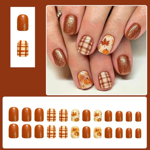 Fall Press On Nails Short Square Fake Nails With Maple Leaf Pumpkin Designs - color: fallnails12