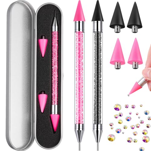 Tatuo 2 Pcs Rhinestone Picker Tool Kit with 2 Wax Head, Pink, Black - color: Pink, Black