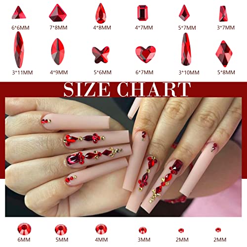 Canvalite 2518Pcs Nail Rhinestones Gems, 12 Styles 3D Glass Red Crystals Charms Shiny Multi Shape Flatback Rhinestones with Gems Picker and Tweezers for DIY Nail Art - color: Red, size: 12 Styles