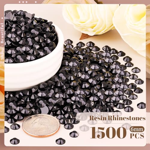 1500PCS 6mm Resin Rhinestones Bulk for Crafting (Black), Flatback Bedazzling Crystals for Crafts DIY Nail Decoration, Gems Charms for Tumbler Shoes Clothing Fabric with Pickup Pen and Tweezers - color: B04 Resin Rhinestones (Black), size: 6mm