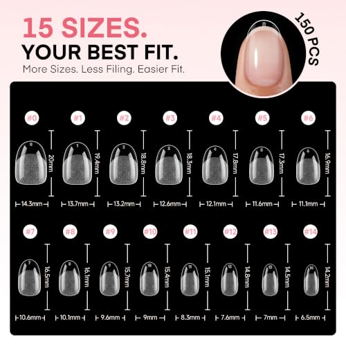 UNA GELLA Gel Nail Tips Short Oval Round Nails,150pcs 15sizes Pre-etched