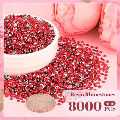 8000PCS 3mm Resin Rhinestones Bulk for Crafting (Red), Flatback Bedazzling Crystals for Crafts DIY Nail Decoration, Gems Charms for Tumbler Shoes Clothing Fabric with Pickup Pen and Tweezers - color: B06 Resin Rhinestones (Red), size: 3mm