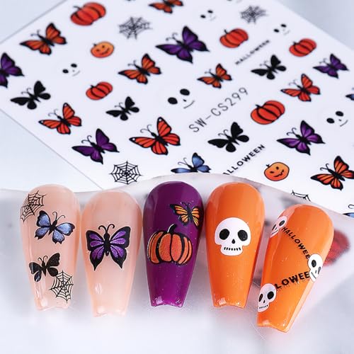 Halloween Nail Art Stickers Skull Head Pumpkin Nail Decals 6 Sheets Self-Adhesive Nail Design Stickers Spider Web Bat Butterfly Nail Stickers Halloween Nail Art Design Nail Supplies for Women - color: Halloween Style12