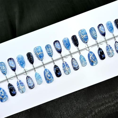30Pcs Goth Press On Nails Short Almond Fake Nails Y2K Dark Blue Starry Sky Acrylic Nails with 3D Chrome Silver Moon Star Swirl Design Reusable Full Cover Glue on False Nails for Women Manicure - color: special Gothic-16