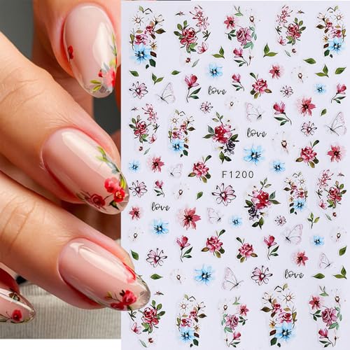 6 Pcs Flower Nail Stickers 3D Self-Adhesive Black Butterfly Nail Art Decals with Strawberry Floral Leaves Design Stickers Spring Summer Decals for Women - color: Floral