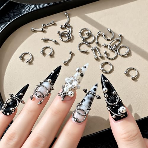 100PCS 3D Metal Punk Nail Art Charms, Silver Black Gothic Y2K Nail Studs, Rivets Spikes Beads Rings Alloy Nail Jewelry for DIY Manicure Salon Decoration (Punk) - color: Punk