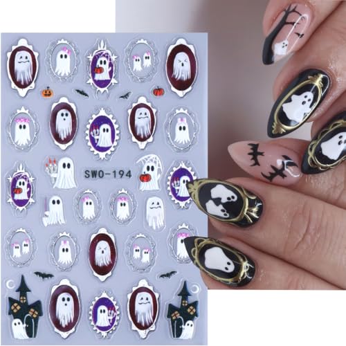 Halloween Silver Frame Ghost Nail Art Stickers Pumpkin Bat Nail Art Decals 3 Sheets 5D Self-Adhesive Ghost Nail Stickers Castle Bat Nail Design for Women Halloween DIY Nail Supplies Decorations - color: Halloween Style14