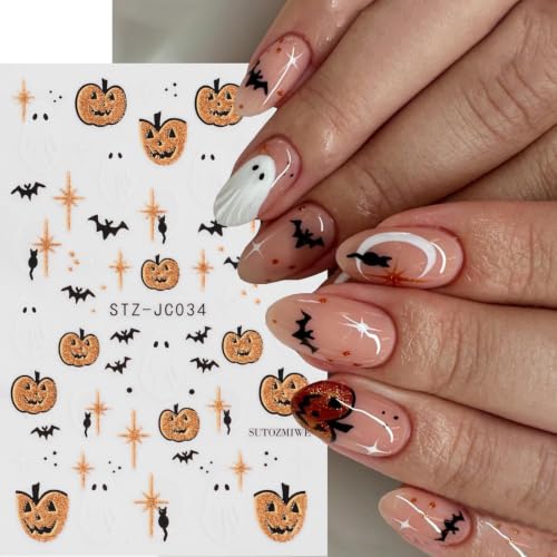 Halloween Ghost Nail Stickers, Pumpkin Bat Gold Frame Nail Decals, 6 Sheets - color: Multicolor-06