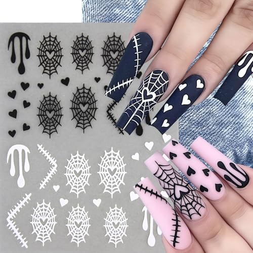8 Sheets Spider Nail Art Stickers Halloween Ghost Nail Decals 3D Self-Adhesive Black White Heart Spider Web and Rhinestones Spiders Nail Design Acrylic Nails Decoration for Women Holiday Nail Charm - style: diamond ghost