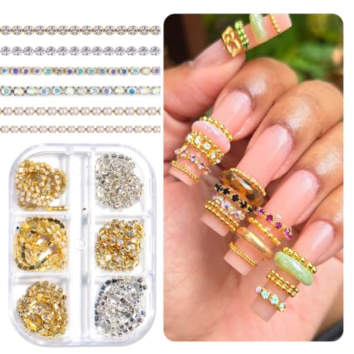 SUTOKAKA 6 Strips Rhinestone Pearl Alloy Nail Chain Charms - color: Gold Silver Rhinestone Pearl Chains