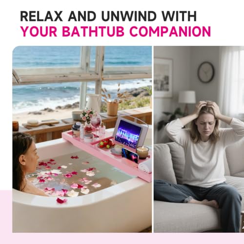 Foldable Bathtub Tray Caddy with Soap Dish Adjustable 29.5-43'' Pink - color: Pink