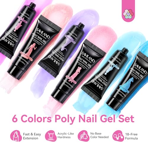 SAVILAND Hema-Free Poly Gel, 6 Shimmer Colors for Beginners Home Salon DIY - color: 05- 6 Shimmer Colors Peach Pink Blue Purple