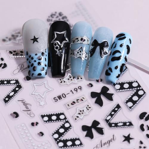 Halloween Gothic Nail Stickers Hollow Star Self-Adhesive Nail Decals 5D Embossed French Tip Nail Art Stickers Y2K Pink Bow Nail Design Stickers Leopard Print Goth Nail Decorations for Women DIY 2Pcs - style: Halloween-5