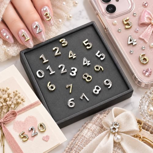 20 Pcs Numbers Nail Charms Gold Silver Flatback Numbers Nail Rhinestones - color: Shining Silver