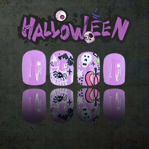 Halloween Press on Nails Short Square Fake Nails Purple Nails Press Ons with Ghost Bat Pumpkin Designs Acrylic Nails Full Cover Glossy Stick on Nails Cute Bat Glue on Nails for Women 24Pcs - color: Purple-7