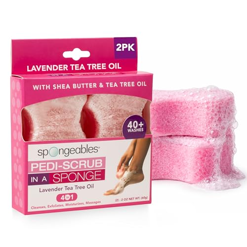Spongeables Pedi Scrub Foot Exfoliating 20+ Wash Sponge, Lavender Tea Tree Oil, 2 Count - color: Lavender Tea Tree Oil, size: 1 Count (Pack of 2)