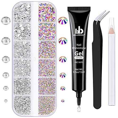Nail Art Rhinestone Glue Gel&Flatback Gems Accessories Kit, 1 Tube of 15ml Rhinestone Gel Glue(UV/LED Needed)+1 Box of Flat-Back Round Glass Crystal AB&Clear Gemstones with Pickup Pencil and Tweezer - color: 01 AB&Clear, size: 1 pack
