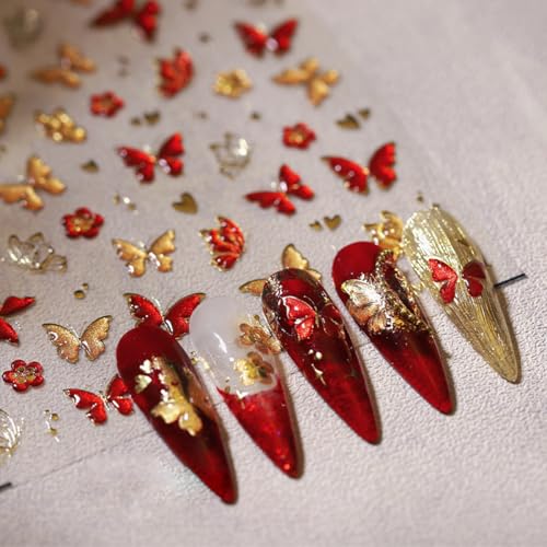 5D Embossed Butterfly Nail Art Stickers Red Hot Gold Butterflies Nail Decals Flower Heart Nail Design Stickers Self Adhesive Star Nail Art Supplies Spring Nail Stickers for Women Nail Art Decoration - style: Butterfly Nail Stickers-5