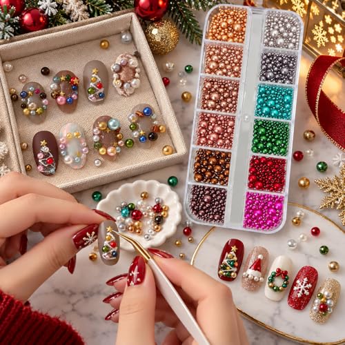 1 Box 12 Colors Cute Christmas Bedazzling Kit Xmas Nail Charms and Gems - color: Mix Colorful Christmas