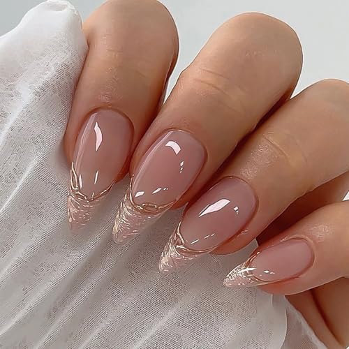 Pink French Tip Acrylic Press on Nails Almond Medium Fake Nails - color: 04-Pink