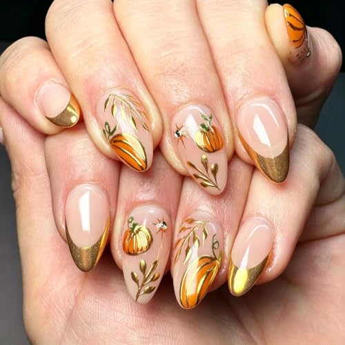Fall Press on Nails Medium Almond, Gold French Tip Fake Nails, 30Pcs - color: Style-28