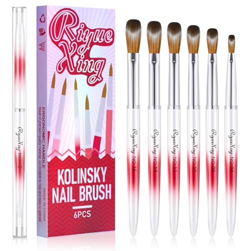 6PCS Acrylic Nail Brush Set, Kolinsky Hair, Oval Crimped Pressed Shaped, Red Metal Handle, Professional Manicure for DIY Home Salon - Sizes 4/8/10/12/14/16 - color: A+6pcs Gradient Red Silver, size: 6PCS