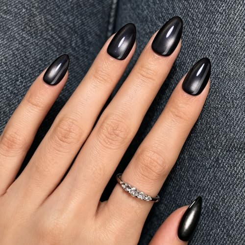 Beetles Black Cat Eye Press On Nails 96 Pcs, Matte Short Almond, 16 Sizes - color: 0 - Black CatEye - S