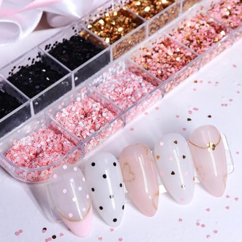 1 Box 4 Color Holographic Hearts Nail Glitter Round Star Nail Sequins 3D Pink Gold Nail Flakes Sparkly Glitter Flakes Shiny Nail Glitter Valentine's Day Nail Sequins Glitter for Nails Art 12 Grids - color: YHN01