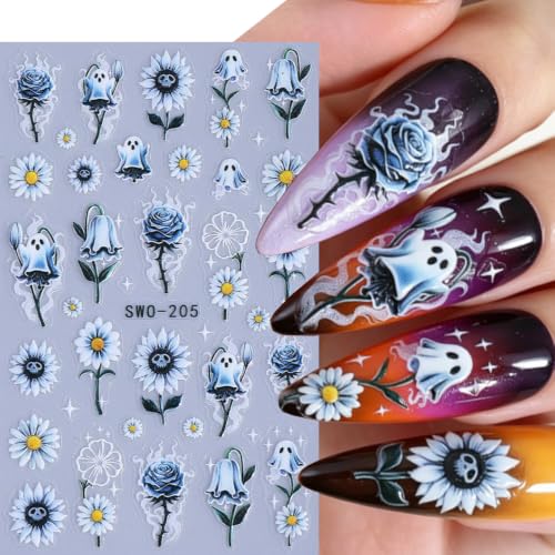 6Pcs Halloween Nail Stickers 5D Spider Web Cat Ghost Flower Design Sticker - color: Style 3