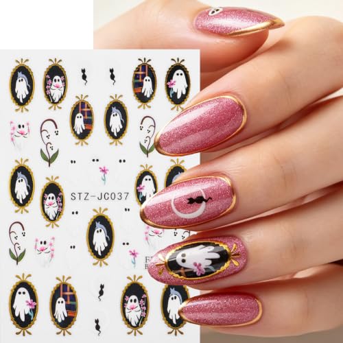 Halloween Ghost Nail Stickers, Pumpkin Bat Gold Frame Nail Decals, 6 Sheets - color: Multicolor-06
