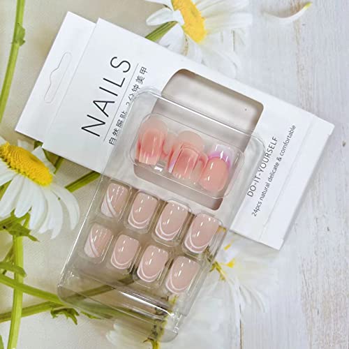 French Tip Press on Nails Medium Square Fake Nails Sweet White Nail Tips Designs Full Cover Square Shape False Nails Nude Acrylic Glue on Nails Medium Length for Women Girls, 24PCS - color: Style1