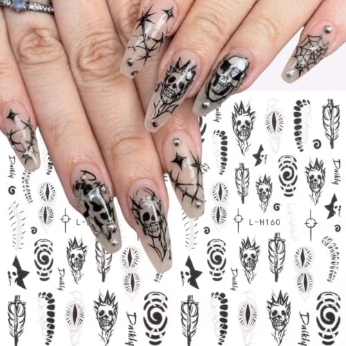 Halloween Nail Art Sticker Pumpkin Ghost Nail Sticker 6Pcs French 3D Self-Adhesive Spider Web Skeleton Spider Castle Nails Decal Witch Skull Nail Supplies Accessories for Halloween Manicure Decoration - color: Ghost Man