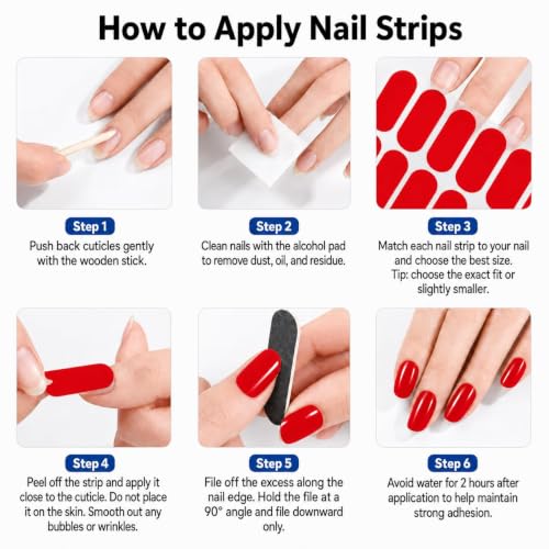 No UV Nail Stickers, 32 Classic Red Nail Wraps, Zero Dry Time - color: Classic Red