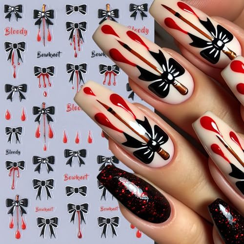 4 Sheets Embossed Halloween Nail Stickers for Nail Art 5D Self-Adhesive Black Bow Spider Web Nail Art Stickers Bow Blood Drop Bats Nail Decals Nails Design Sticker for Women DIY Festival Nail Decor - style: black bow spider web