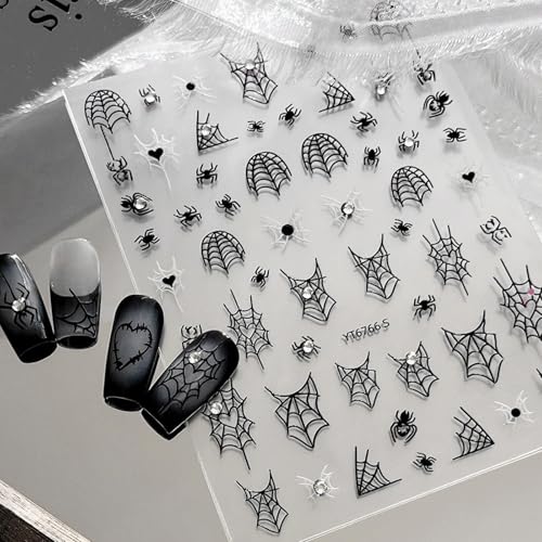 Halloween Nail Stickers for Nail Art Cute Spider Web Halloween Fingernail Nail Art Stickers Black 5D Embossed Nail Decals 3D Self-Adhesive Nails Supply Manicure Sliders for Nail Decoration - color: Halloween Style10