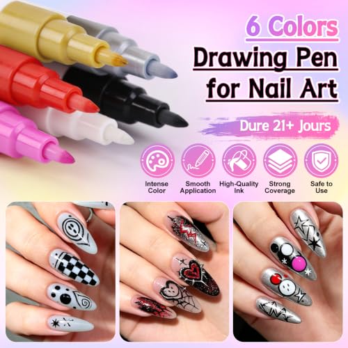 12 Colors Nail Art Pens Set, TOROKOM Nail Art Markers 3D Nail Polish Pens - color: 6 Color-A