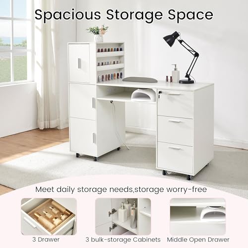 Manicure Table Nail Desk for Nail tech, 56 Inch Beauty Nail Table w/3 Cabinet+3 Drawers+3 Layers Open Cabinet+1 Open Drawer + 1 Power Outlet for Professional Salon Manicure Workstation