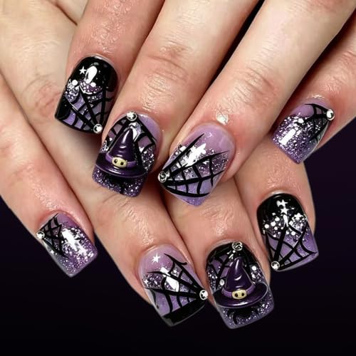 Purple Halloween Press On Nails, Short Square Spiderweb Witch Hat Design - color: style 25