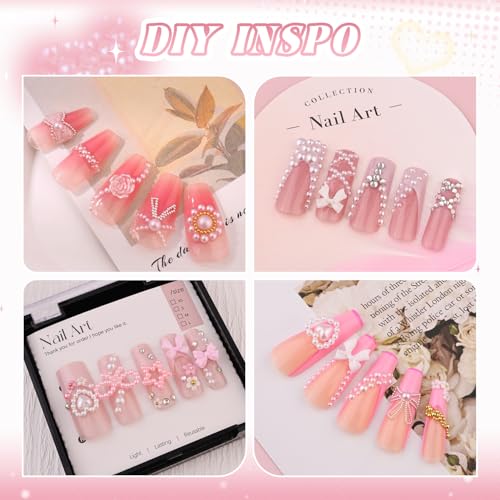 Flatback White Pearls and Nail Beads for Nails 3D Flowers Bows Nail Charms - color: 09 2 Boxes Nail Art Decos Set 7+Glue