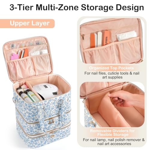 Uross Nail Polish Organizer Bag Case, 84 Bottles PU Leather- Blue Floral - size: X Large- Hold 84 Bottles