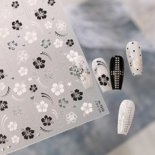 Black White Hibiscus Flower Nails Stickers - 3D Self‑Adhesive, 1 Sheet - color: Color-33