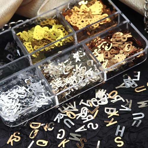 1 Box 6 Color Holographic Letter Nail Glitter Laser Ombre Alphabet Nail Sequins 3D Gold Nail Flakes Sparkly Glitter Flakes Shiny Nail Art Glitter Sequence Letters Nail Sequins Glitter for Nails Art - color: YHN20
