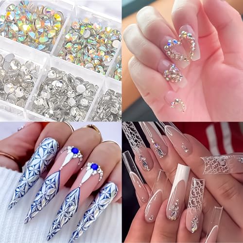 Nail Rhinestones Pearls - Nail Charms for Acrylics, Flatback, Half Rounds, 4 Boxes, Crystals Gems, with Kit, for DIY Nail Art Decor - color: Nail Rhinestones Pearls